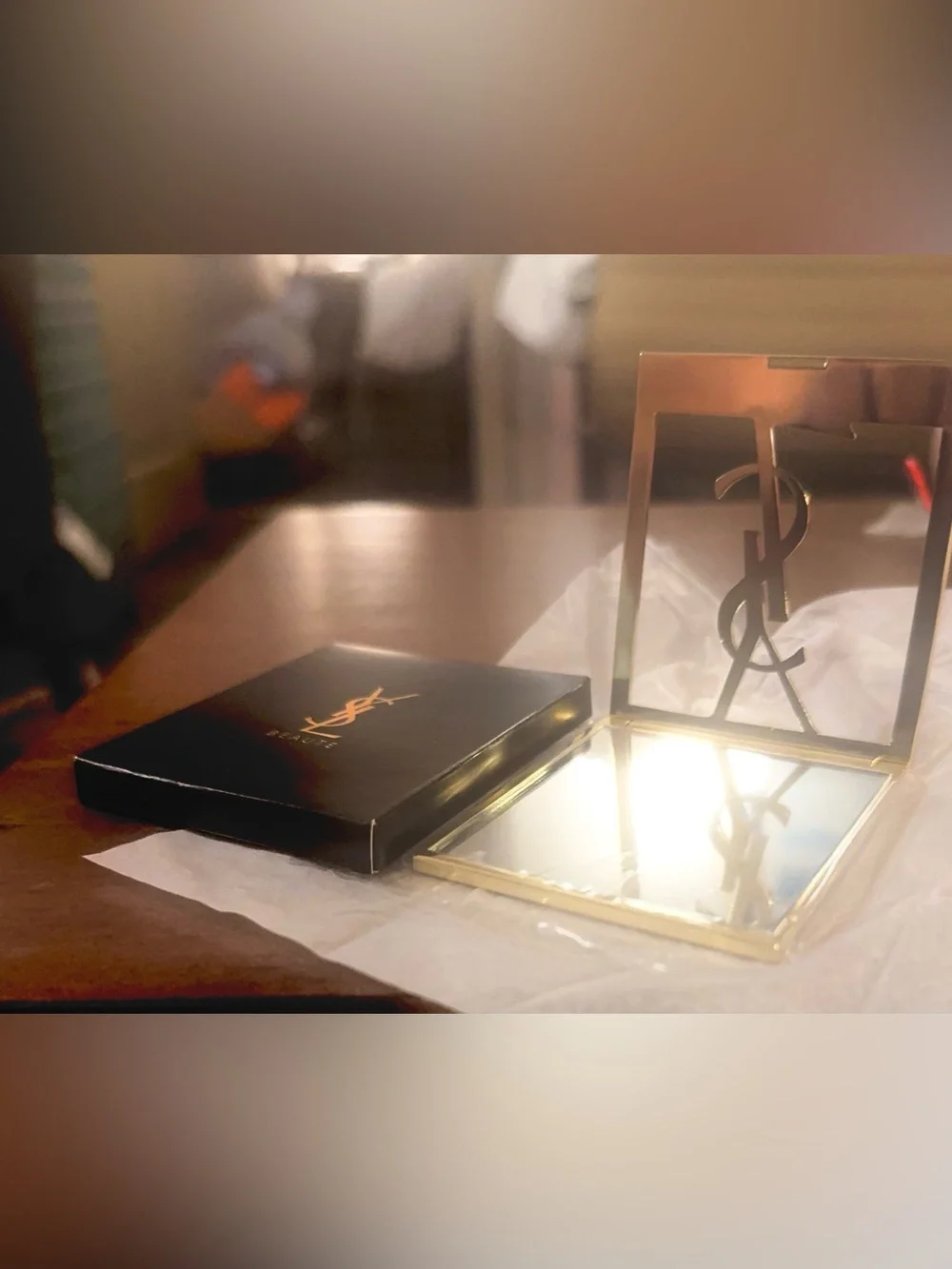 Rare!Yves Saint Laurent Gold Logo Compact Mirror with Black Case